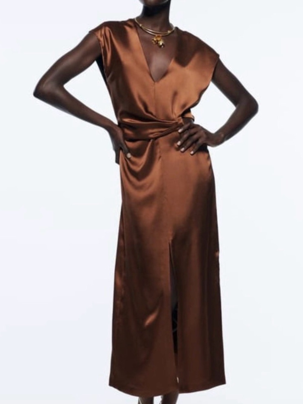 Zara Satin V-Neck Maxi Dress in Rich Brown